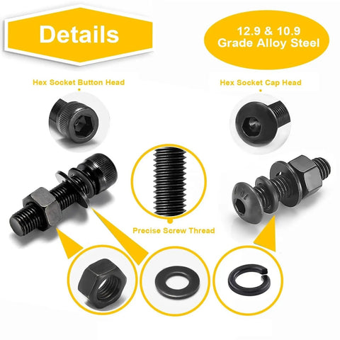 1400 Pcs M4 Hex Socket Button Head Bolts Kit With 12.9 Grade Carbon Steel Assortment For Real Tough Fastening At Home Garage And Shop Projects With Smooth Threads And Durable Build, black bolt details