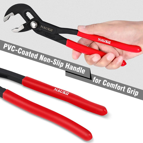 Hand holding 10 Inch Water Pump Pliers For Home Repair With Comfortable Grip, Adjustable Jaw, Rust Preventive Coating, 65mm Opening