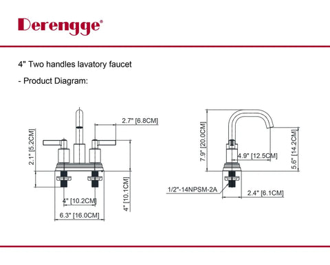 Diagram of Matte Black Two Handle Bathroom Faucet With Push Up Pop Up Drain Sleek 4 Inch Centerset Lavatory