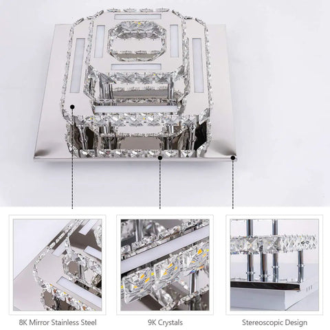 Modern Crystal Flush Mount Ceiling Light 11.8 Inch Square Mini Chandelier with 9K Crystals and 8K Stainless Steel Frame
