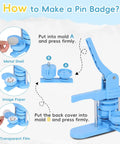 DIY Button Maker Kit With 3 Size Molds 2.28 Inch, 1.25 Inch And 1 Inch Includes 500 Button Blanks Plus 15 Fridge Magnets shown in use with instructions for making pins