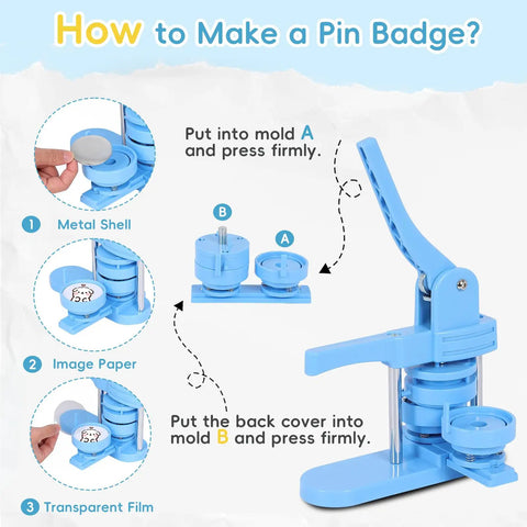 DIY Button Maker Kit With 3 Size Molds 2.28 Inch, 1.25 Inch And 1 Inch Includes 500 Button Blanks Plus 15 Fridge Magnets shown in use with instructions for making pins