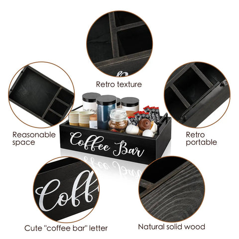Coffee Bar Organizer For Countertop Wooden Farmhouse Style K Cup Pod Storage Basket With Handle Black Finish