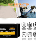 12V 15Ah LiFePO4 Deep Cycle Battery for fish finders and scooters, visible with temperature and overload protection icons