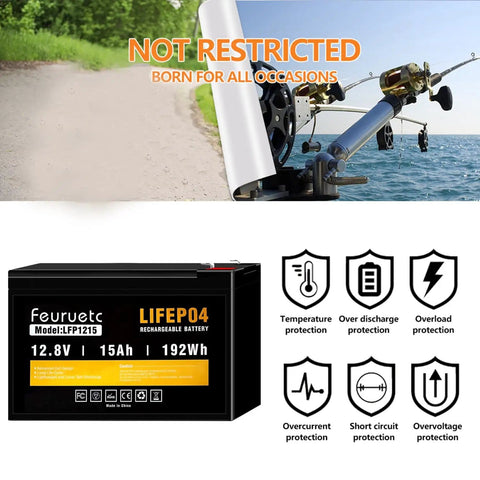 12V 15Ah LiFePO4 Deep Cycle Battery for fish finders and scooters, visible with temperature and overload protection icons