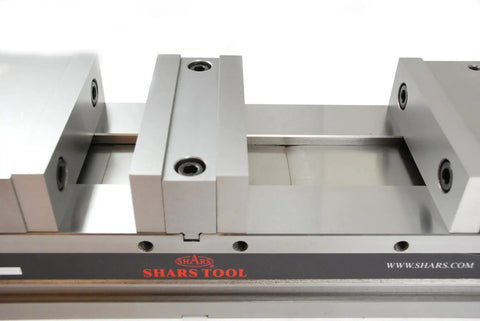 Close-up of Badass 6 Inch Double Station CNC Milling Machine Vise showing precision machined jaws and sturdy construction.