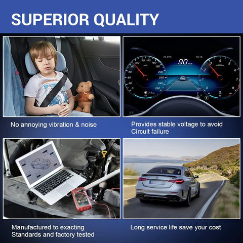 Superior quality features of car alternator shown: boy resting in car, stable voltage on dashboard, laptop diagnostic, car driving scenic road.