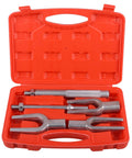 Five Piece Pickle Fork Tool Set For Auto Repair With Ball Joint Separator And Tie Rod Removal Kit in red carrying case