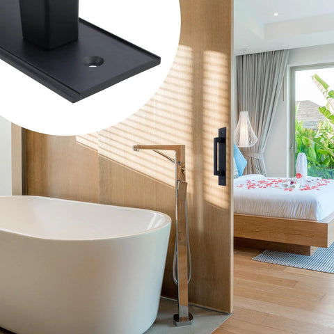 Bathroom with 2 Pack Black Barn Style Door Pulls With Plate Punch Free 7 Inch Closet And Drawer Handles installed on sliding door, close-up view.