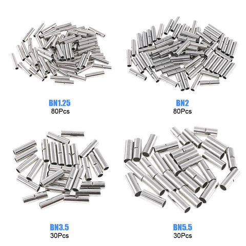 Non Insulated Butt Connectors Kit 220 Pieces Assortment For Quick DIY Wiring Splices And Crimp Terminals Wide AWG Range From 22 Down To 10 For Copper Wire, showing 4 groups with different sizes labeled BN1.25, BN2, BN3.5, BN5.5.