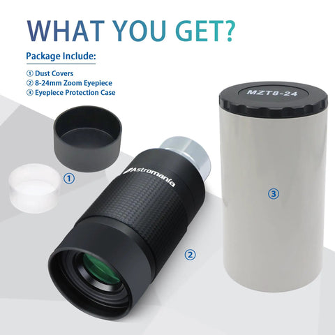 8-24mm Zoom Eyepiece For Telescope 1.25 Inch with dust covers and protection case, wide field view 40 to 60 degree.