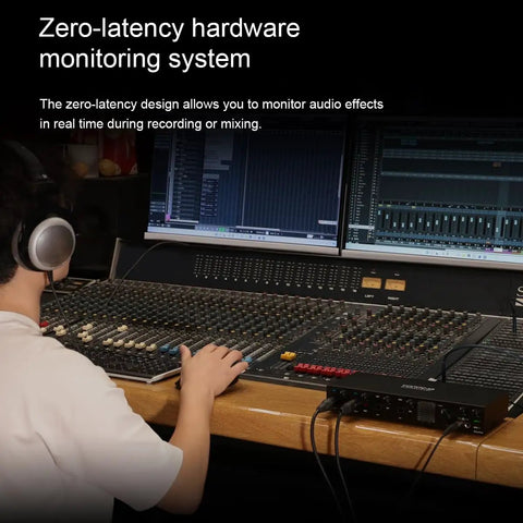 Person using Pro Grade USB Audio Interface With 4 In 4 Out And Dual Headphone Outputs, viewing zero-latency monitoring system