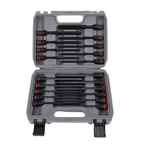 Heavy Duty 3/8 Drive Long Impact Hex Bit Socket Set With 20 Piece SAE Metric Sizes In Premium S2 Steel Extended Bits For Tough Jobs And Heavy Machinery That Will Rock Your World, open case