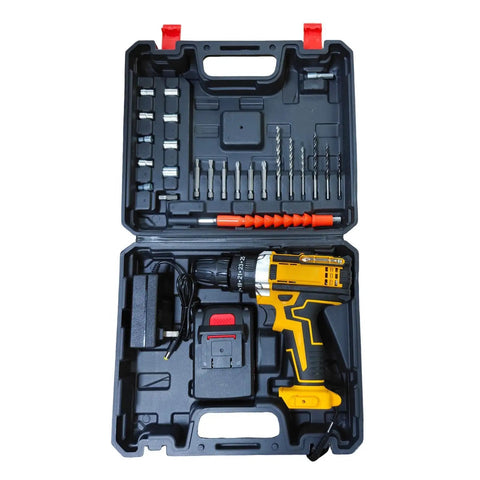 Kickoff Your Weekend Repairs Without The Sweat Using This Dependably Smooth 21V Cordless Battery Drill And Driver Set with tools and batteries in a black case.