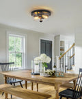 Black Flush Mount Ceiling Light Two Light Farmhouse Outdoor Porch Fixture With Seeded Glass Shade in dining room setting