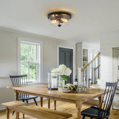 Black Flush Mount Ceiling Light Two Light Farmhouse Outdoor Porch Fixture With Seeded Glass Shade in dining room setting