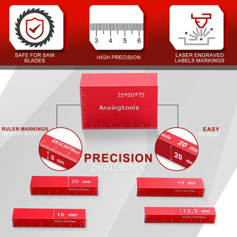 Pro Grade Precision Aluminum Setup Blocks Height Gauge Set showing red aluminum blocks with ruler markings for woodworking.