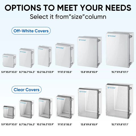 Outdoor Waterproof Electrical Box IP67 ABS Plastic Enclosure With Hinged Cover options in off-white and clear, various sizes.