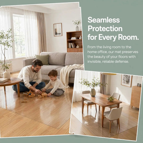 Clear PVC Rolling Chair Mat 47 By 87 Inches Flat No Curl Surface Heavy Duty Hard Floor Protector under kids and dad playing.