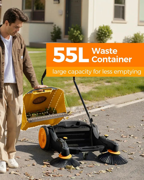 Kick Serious Dust With This Heavy Duty Manual Floor Sweeper Designed For Warehouses And Shops Featuring A 41 Inch Wide Commercial Push Broom. 55L waste container and push broom on concrete.