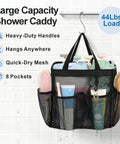 Must Have Portable Shower Caddy For Dorm Life With 8 Pockets S Hook Storage Bag holding toiletries on shower wall