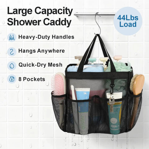 Must Have Portable Shower Caddy For Dorm Life With 8 Pockets S Hook Storage Bag holding toiletries on shower wall