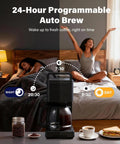 Programmable 10 Cup Drip Coffee Maker with Brew Pause and Adjustable Brew Strength on a kitchen counter next to breakfast items.
