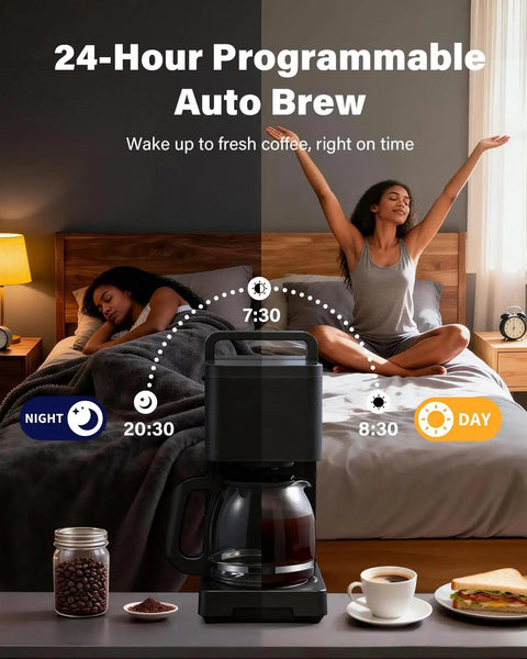 Programmable 10 Cup Drip Coffee Maker with Brew Pause and Adjustable Brew Strength on a kitchen counter next to breakfast items.
