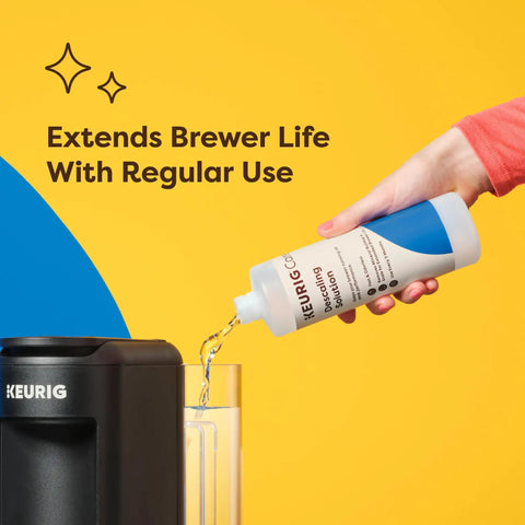 Brewer Cleanse Kit For Descaling And Maintenance With Descaling Solution And Rinse Pods being poured into Keurig machine