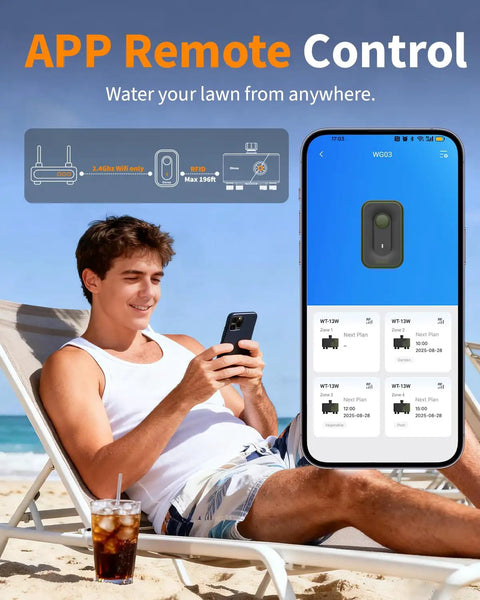 Man using phone app to control 4 Zone WiFi Hose Timer With Brass Inlet For Garden Irrigation, Sprinkler System on the beach.