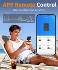 Man using smartphone to control WiFi Water Timer with 4 Outlets for Sprinkler, Hose, and Tap, Alexa and Google Assistant compatible.
