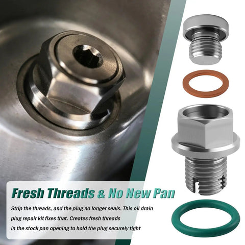 Fix Stripped Threads Instantly With This M14 Piggyback Oil Drain Plug Repair Kit. stainless steel plug and washers for oil pan repair