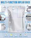 100 Pack Food Storage Bags Kit With 100x 300cc Oxygen Absorbers, 9 Mil Thickness, resealable Mylar bag features and details