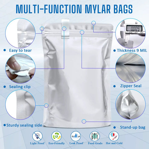 100 Pack Food Storage Bags Kit With 100x 300cc Oxygen Absorbers, 9 Mil Thickness, resealable Mylar bag features and details