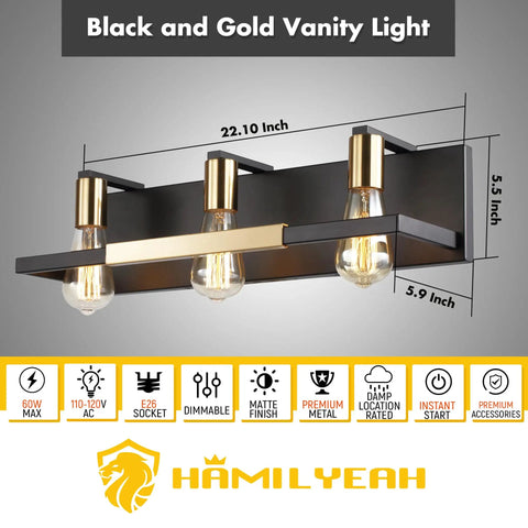 Rustic Dope Matte Black And Gold Three Light Vanity Light Over Mirror For Bathroom Or Powder Room, Vintage Industrial Wall Mounted Fixtures With E26 Ceramic Socket