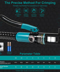 10 Ton Hydraulic Crimping Tool With 9 Dies for Battery Cable Terminals and Stainless Steel Wire Rope Crimping on display with specs.