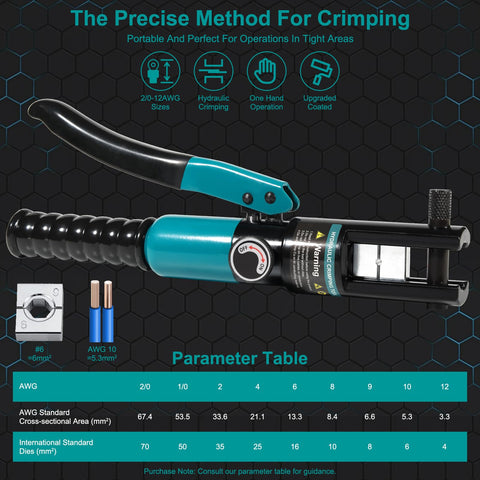 10 Ton Hydraulic Crimping Tool With 9 Dies for Battery Cable Terminals and Stainless Steel Wire Rope Crimping on display with specs.