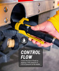 Slick Telescopic 12V Electric Drum Pump With Inline Flow Meter And Six Point Six Foot Hose For No Sweat Fluid Transfer At Four Point Two Gpm Rate Big Time Shop Gear, control handle shown in use.