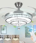 42 Inch Crystal Ceiling Fan With Light Remote Control, 3-Blade Retractable LED Chandelier, Nickel Finish in living room