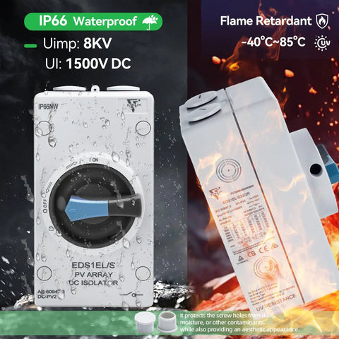 Heavy Duty Solar Disconnect Switch Two Pole DC 1500 Volt 32 Amp Breaker with Rugged Enclosure showing IP66 waterproof features.