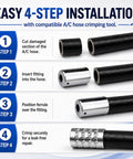 4-step guide for 40 Piece AC Hose Ferrule Set Sizes 6 8 10 12 for automotive AC lines with iron crimp fittings.