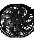No Sweat Universal 16 Inch Electric Radiator Fan Kit With Reversible S Blade Push Pull Design 12 Volt view from top showing black blades.