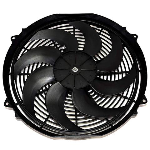 No Sweat Universal 16 Inch Electric Radiator Fan Kit With Reversible S Blade Push Pull Design 12 Volt view from top showing black blades.