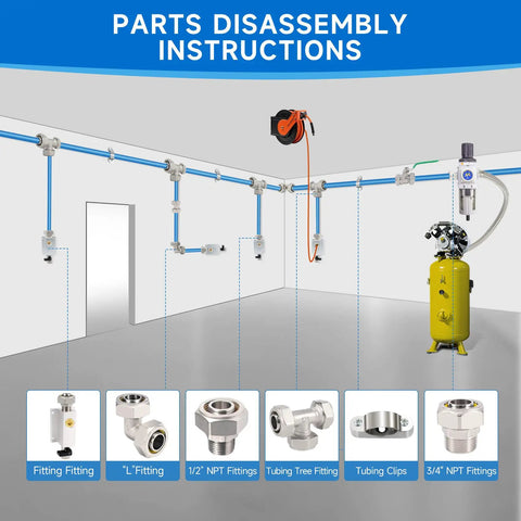 Heavy Duty Three Quarter Inch Compressed Air Line Kit for Shop and Garage With 200 Ft HDPE Tubing, aluminum blocks and fittings.