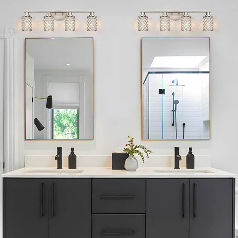4 Light Vanity Light Fixture in Brushed Nickel With Crystal Shade above dual mirrors in a modern farmhouse bathroom.