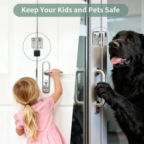 Flip Gate Latch With Padlock Hole Stainless Steel Door Lock For Barn Doors Sliding Door Bolt Latch Tough As Nails Safety Catch For Toilet Fence Garage And Pet Room Double Protection Rustproof And Easy To Install installed with child and dog for safety demonstration.