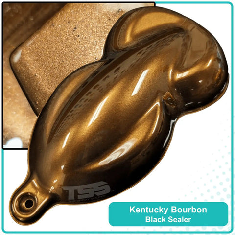 Kentucky Bourbon Basecoat Paint Gallon Ready To Spray With Slow Reducer For Smooth Slick Finishes on a black sealer sample.