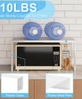 Expandable Kitchen Storage Shelves With Heavy Duty Metal Build, 110 Lbs Capacity shown with microwave and bottles