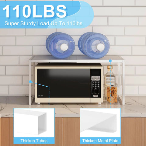 Expandable Kitchen Storage Shelves With Heavy Duty Metal Build, 110 Lbs Capacity shown with microwave and bottles