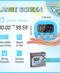 Digital Kitchen Timer Set With 12 Pack Magnetic Timers In 6 Bright Colors, blue timer on large screen display.